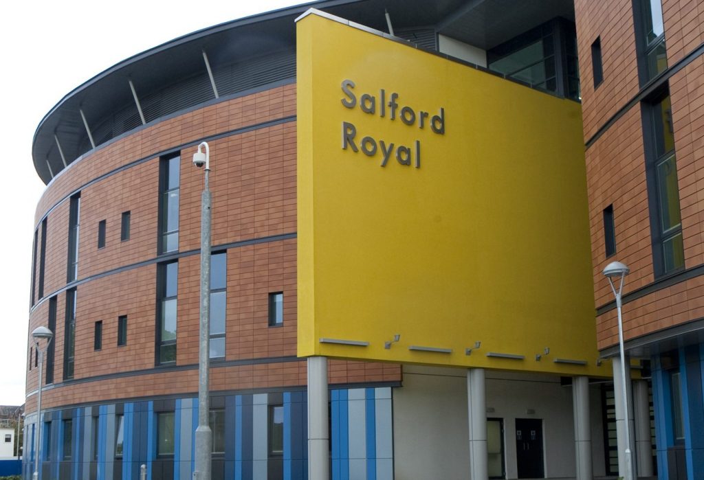 A photograph of Salford Royal Hospital main entrance